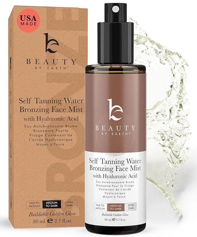 Beauty by Earth Self Tanning Face Mist - Medium to Dark Fake Tan Face Tanning Spray - Sunless Tanning Spray Facial Tanner - Face Tan Spray - Tanning Water Spray - Face Tanner Mist