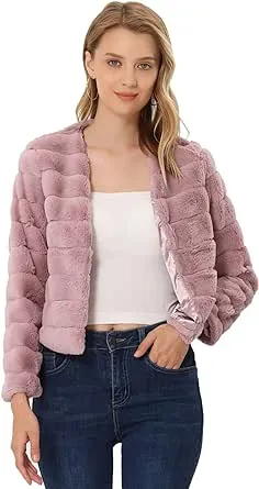 Allegra K Women's Winter Warm Cropped Jacket Collarless Faux Fur Fluffy Coat