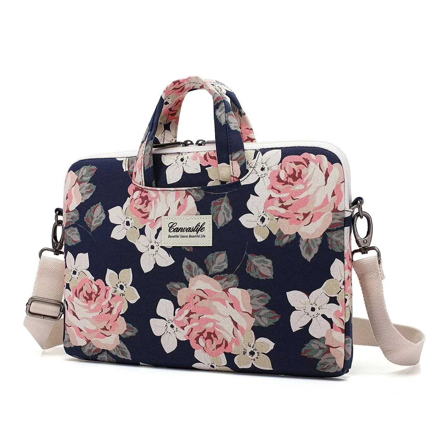 Canvaslife White Rose Patten Canvas Laptop Shoulder Messenger Bag Case Sleeve for 11 inch