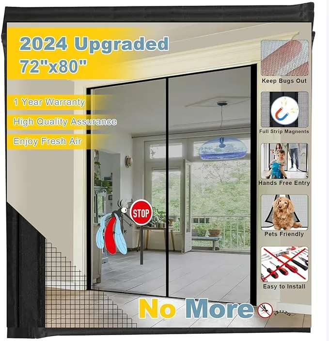 [Upgrade] Magnetic Screen Door Closure Fit Door Size 72” x 80”, Mkicesky Reinforced Fiberglass Double Mesh Curtain, Front Patio Door Mesh Mosquito Net with Full Frame Hook&Loop, Keep Bugs Out - Black