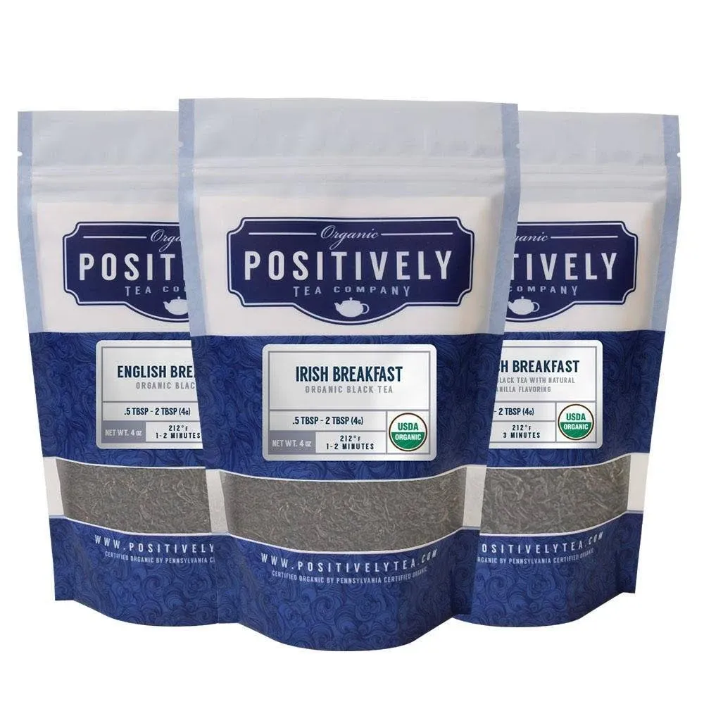 Organic Positively Tea Company, Breakfast Tea Sampler, Loose Leaf, 4 Ounce, 3 Pack