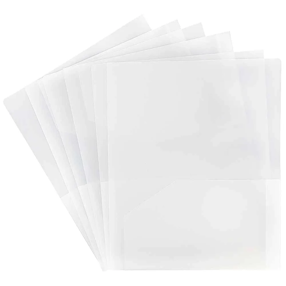 Jam Paper Heavy Duty Plastic 2 Pocket School Folders - Clear - 6/Pack