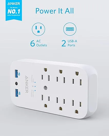 Anker Outlet Extender with Stepless Dimming Night Light,Surge Protector, 331 Outlet Extender with 6 AC Outlets and 2 USB Ports, 18W USB Wall Charger P