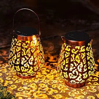 JOIEDOMI 2 Pack Outdoor Solar Hanging Lantern Lights, Waterproof Tabletop Solar Lights with Handle, LED Solar Moroccan Lanterns, Metal Decorative Garden Solar Lights for Patio, Lawn, Porch, Backyard