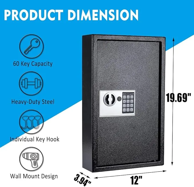 UMEKEN Key Box Wall Mount 60 Position Valet Digital Key Cabinet Lock Box with Code, Electronic Key Holder Lockbox with Key Tags, Key Organizer Locker Box, Black, 12" x 3.94" x 19.69"