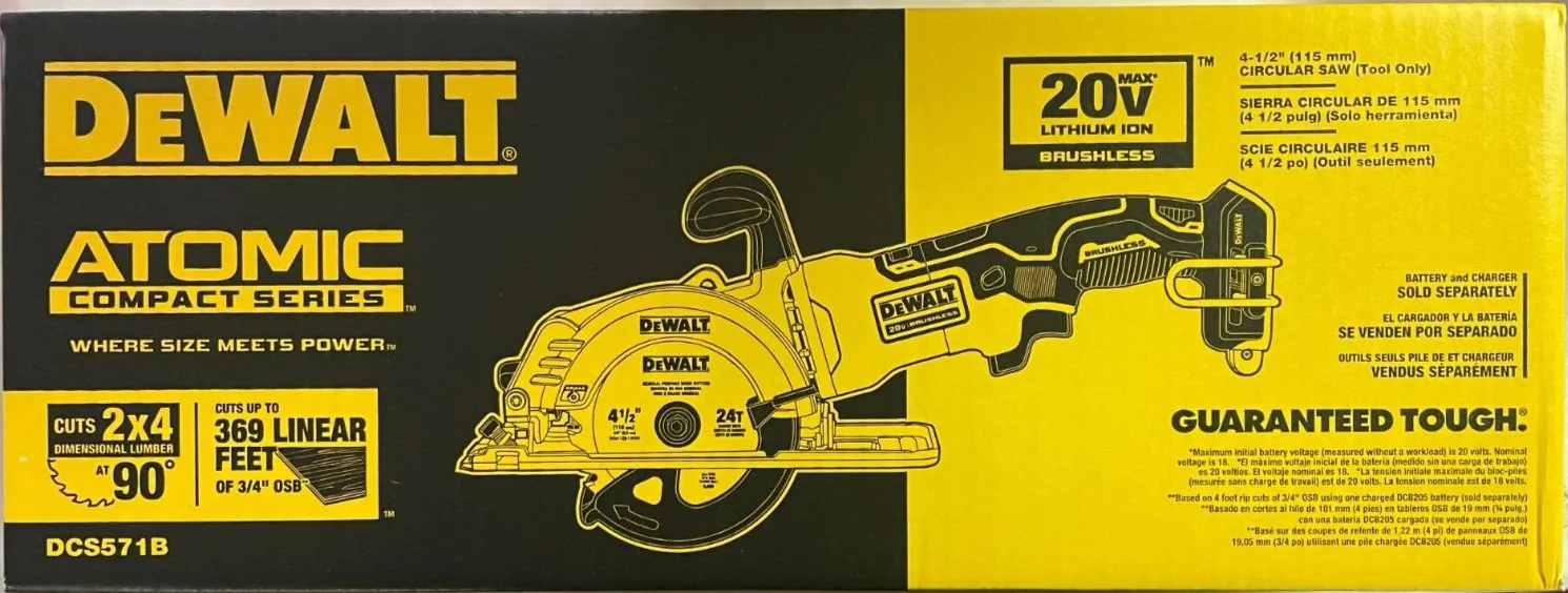 Dewalt 20V MAX* Atomic Brushless 4-1/2" Cordless Circular Saw DCS571B