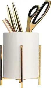 Gold pencil cup Sturdy metal frame with white ceramic pen holder For desks and kitchen appliance holders(1set 4.6-3.14in), Goldsquare frame set