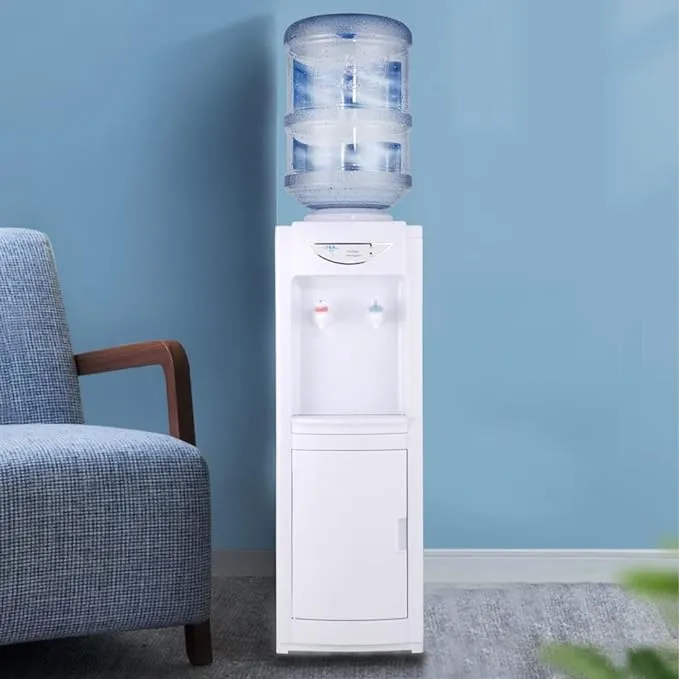 Water Cooler Dispenser 5 Gallon, Top Loading Water Dispenser Hot and Cold Water Dispenser with Storage Cabinet Child Safety Lock for Home Office, White