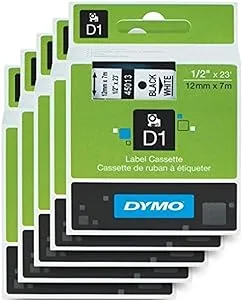 DYMO Standard D1 Labeling Tape for Labe lManager Label Makers, Black Print on White Tape, 1/2" W x 23' L, 1 Cartridge (45013) 5 Pack