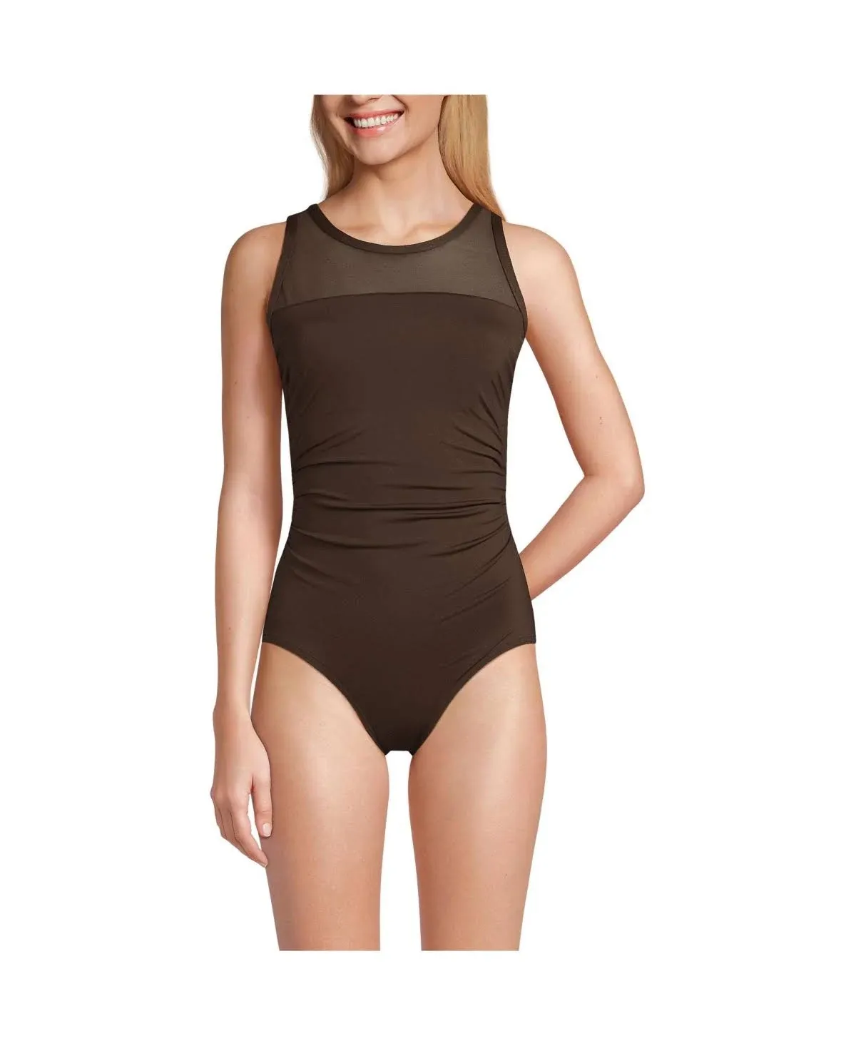 Lands' End Women's Chlorine Resistant Smoothing Control Mesh High Neck One Piece Swimsuit - 6 - Blackberry