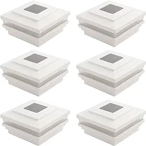 Plum Fittings 4.5" Sq. Cape May Solar LED Lighted Vinyl Post Caps Pack of 6 - White (Made in The USA)