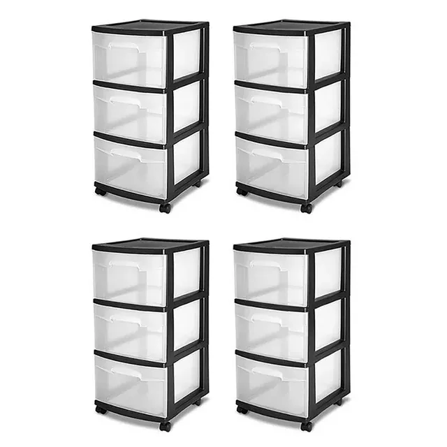 Sterilite 3-Drawer Storage Cart, Clear with Black Frame (4-Pack)