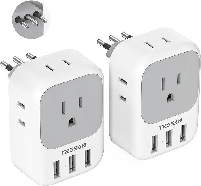 Italy Power Adapter 2 Pack, TESSAN Italy Travel Plug Adapter with 4 Outlets and 3 USB Ports, Type L Electrical Outlet Adaptor for USA to Chile Rome Uruguay