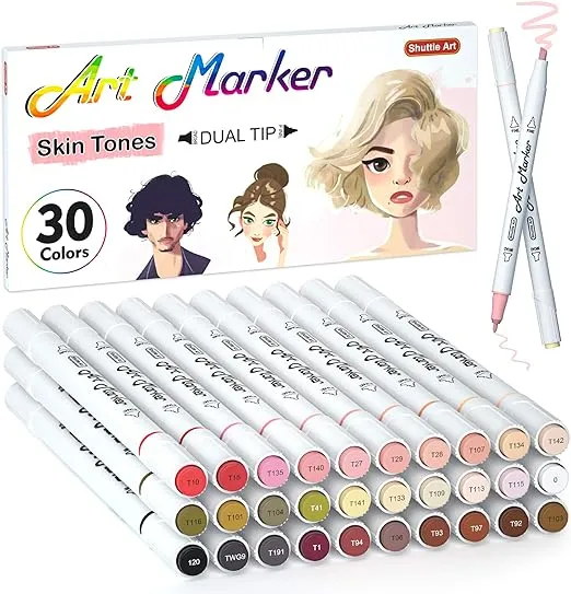 Shuttle Art 30 Colors Skin Tone&Hair Art Markers, Dual Tip Alcohol Based Flesh Color Marker Pen Set Contains 1 Blender Perfect for Kids & Adults Portrait,Comic, Anime, Manga, Illustration