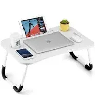 FISYOD Foldable Laptop Table, Portable Lap Desk Bed Table Tray, Laptop Stand with Cup Holder & Tablet Slot & Lifting Handle for Working Writing