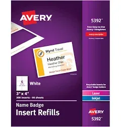 Avery 5392 Name Badge Insert Refills, White - 300/Box