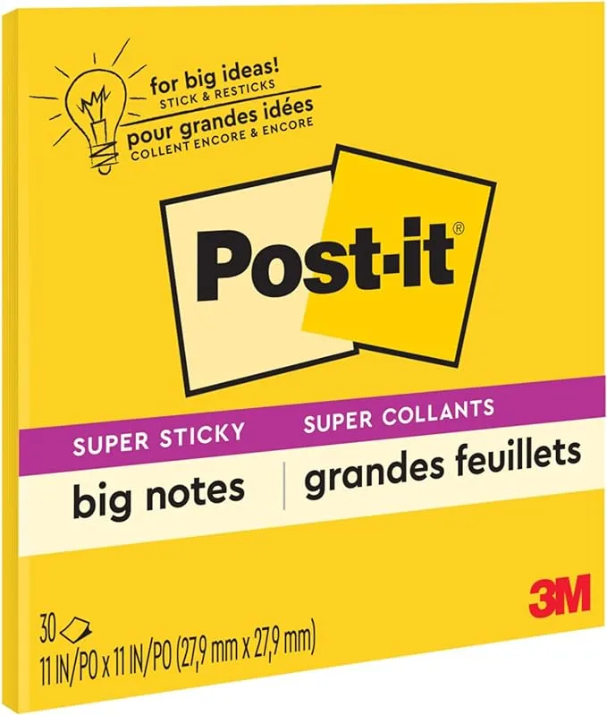 Post-it Super Sticky Big Notes, Single Color (Yellow), Double Adhesion, 11 in x 11 in