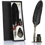 VANGOAL Retro Carving Feather Pen Set, Glittering Quill Pen Set Antique Calligraphy Writing Dip Pen with Ink, 2 Replacement Nibs, Pen Stand Base,