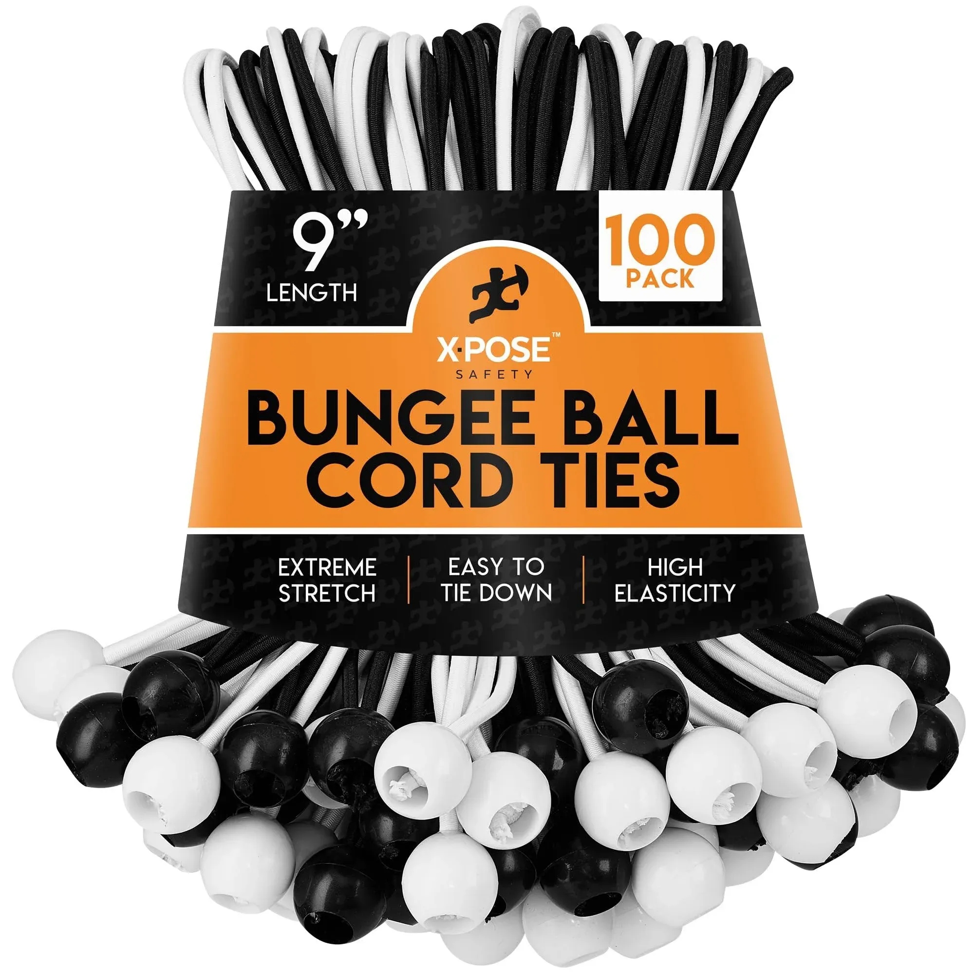 Xpose Safety 9&quot; Assorted Black and White Heavy-Duty Bungee Ball Cords BB-9M-100 - 100/Pack