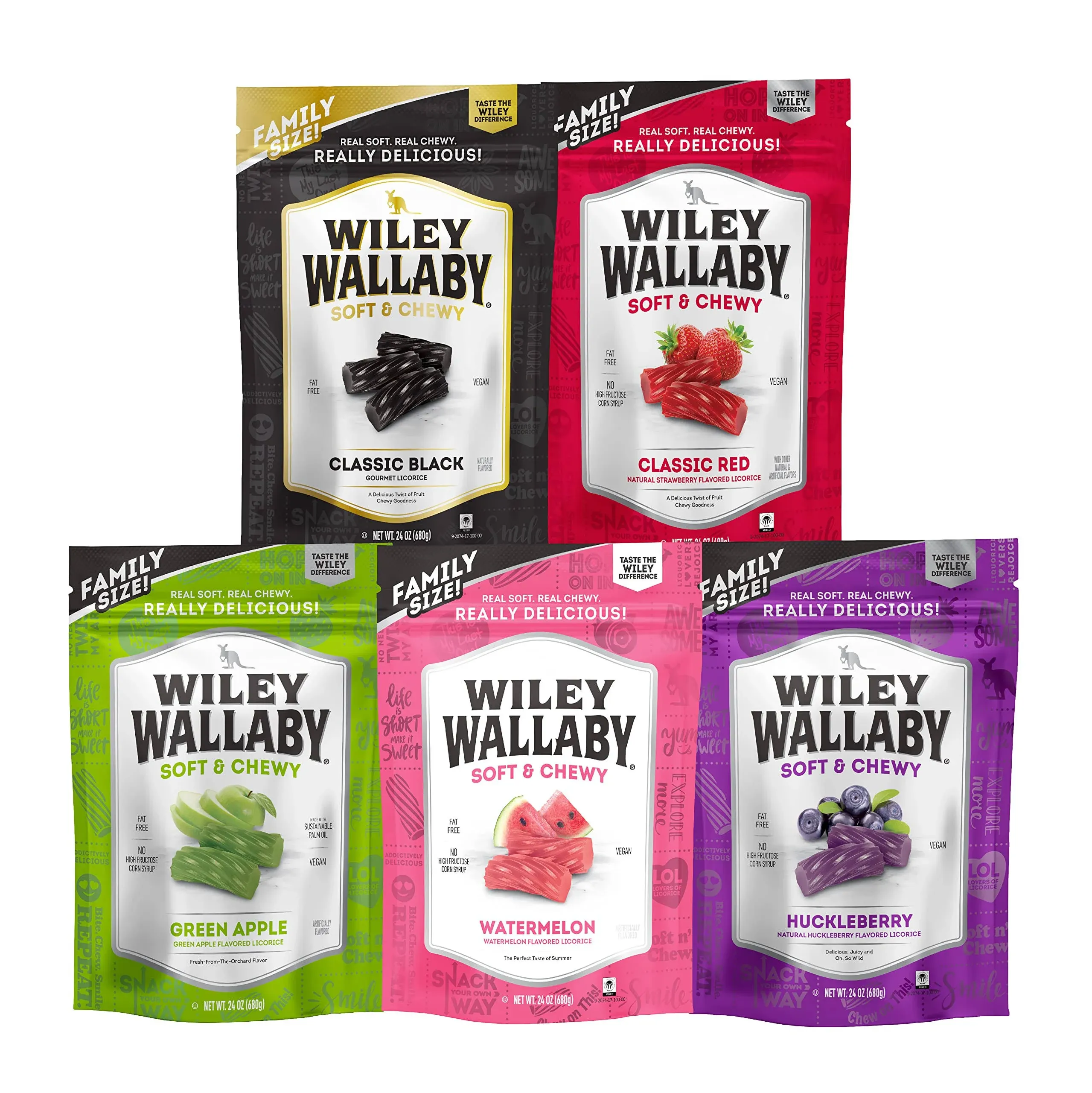 Wiley Wallaby Licorice 24 Ounce Classic Gourmet Australian Style Soft & Chewy Licorice Candy Variety Pack Twists, 5 Pack