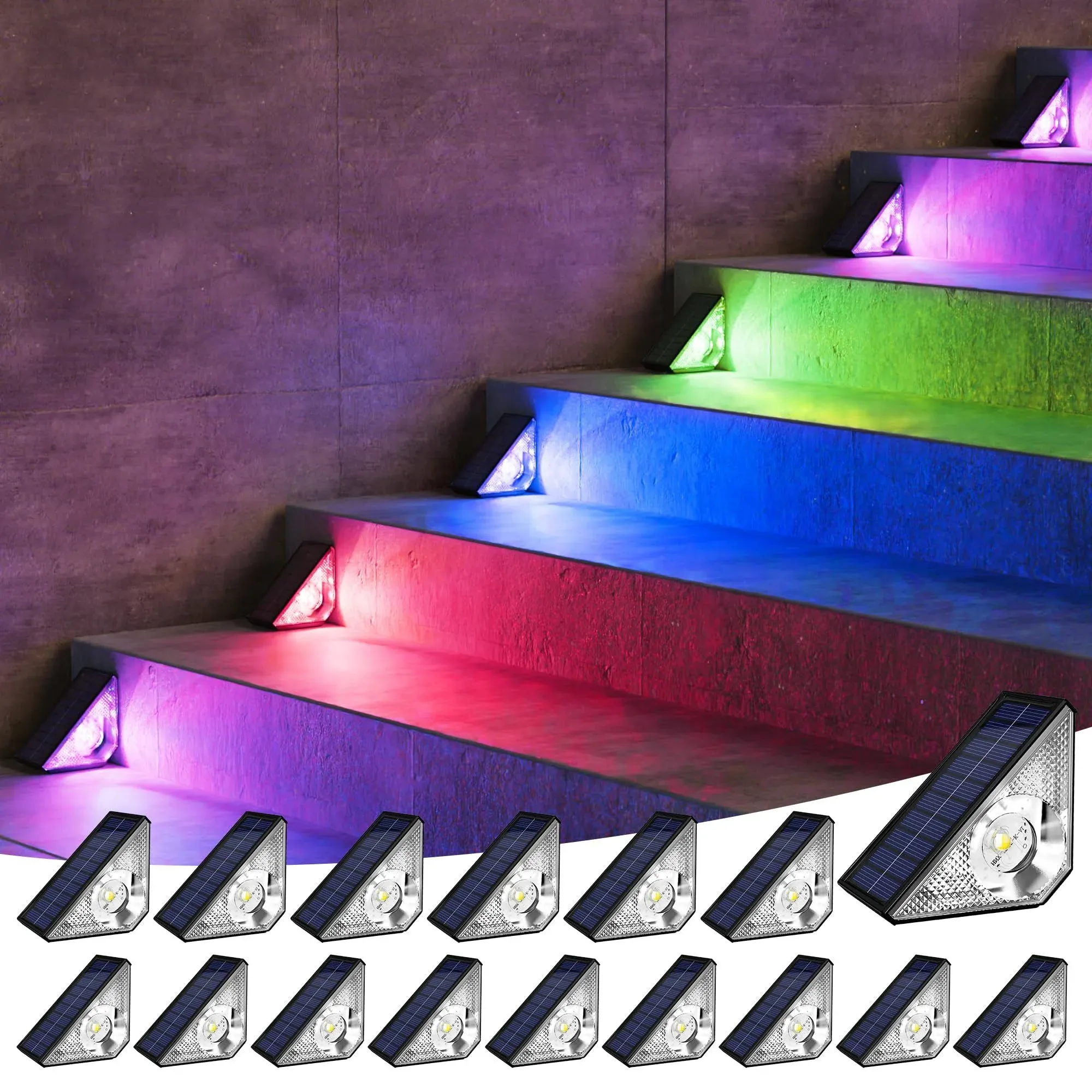 JACKYLED 16 Pack Outdoor Solar Stair Lights Waterproof, Solar Steps Lights Outdoor, Auto On Off Solar Stair Lights, Warm & RGB Color Changing Triangle Decor Lights for Steps in Patio Garden Yard