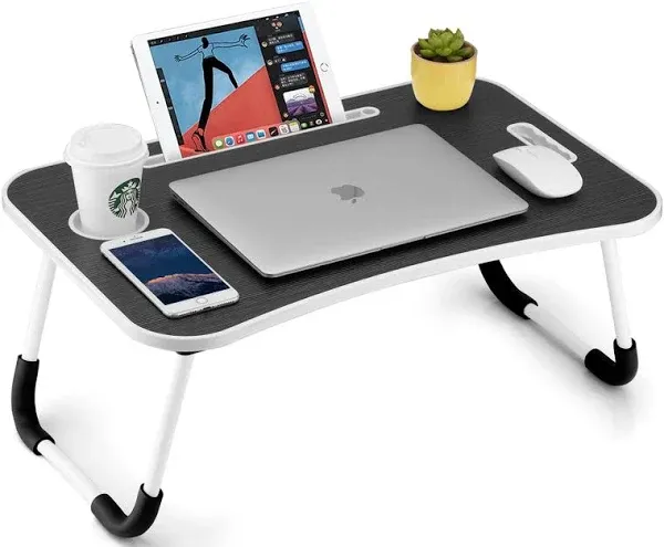 FISYOD Foldable Laptop Table Portable Lap Desk Bed Table Tray Laptop Stand with Cup Holder & Tablet Slot & Lifting Handle for Working Writing