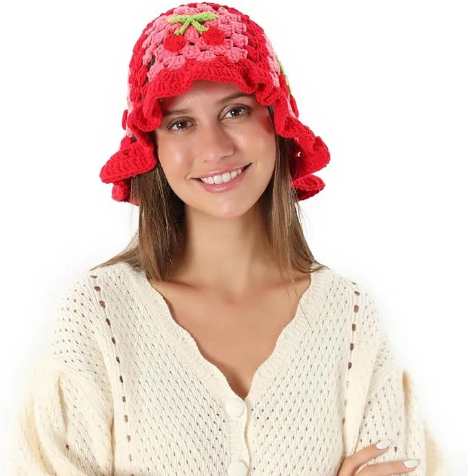 Fiewmay Crochet Bucket Hat for Women Handmade Floral Hat Portable Knitted Elastic Cute Beach Hat for Vacation Traveling