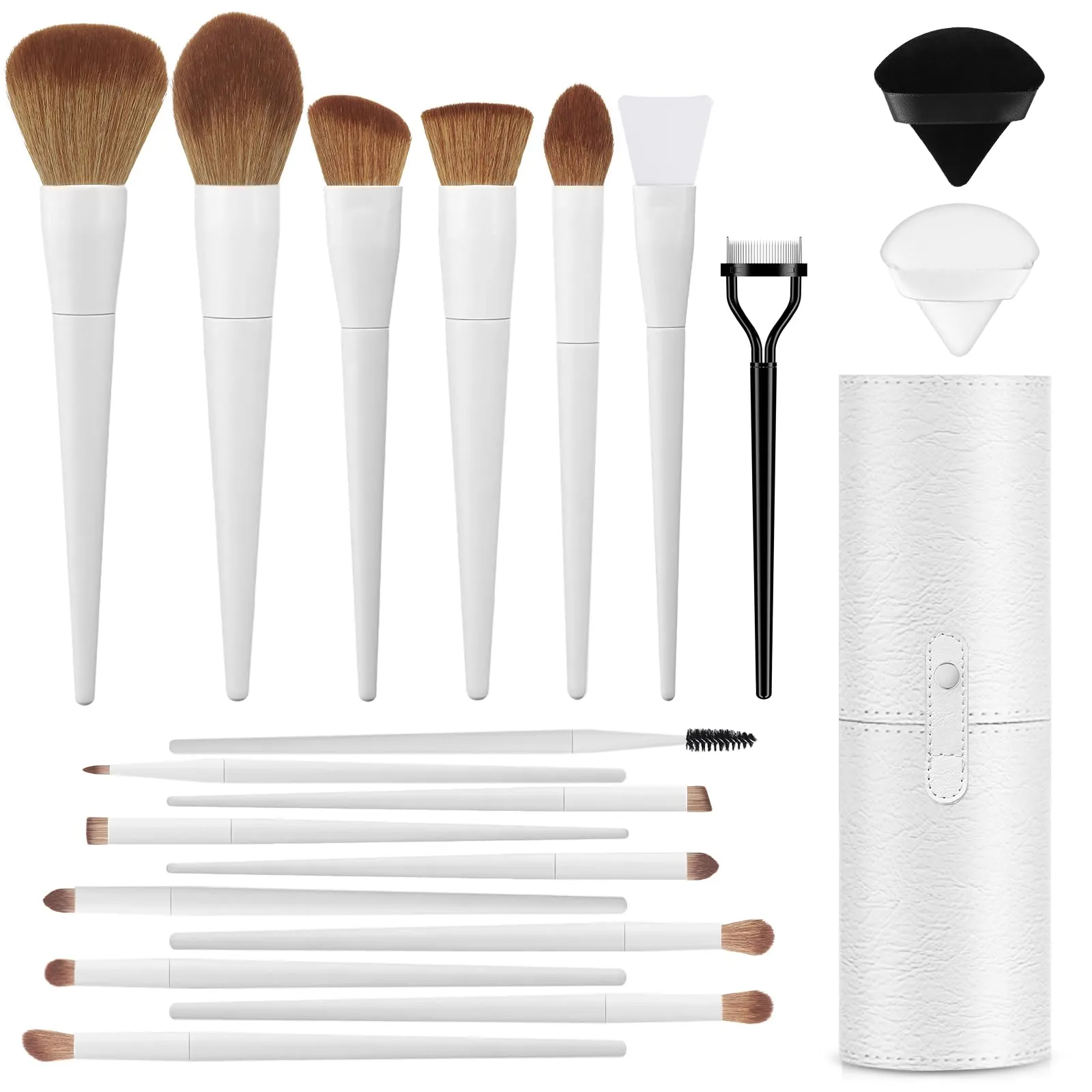 Makeup Brushes With Case 20PCs Professional Makeup Brush Set, Foundation Powder Eyeshadow Brush Set Eyebrow Concealer Contour Travel Brushes Kit with Holder & 2 Powder Puff-White