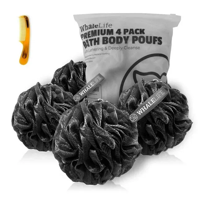 WhaleLife Shower Puff 4 Pack Black Bath Sponge Shower Loofahs Pouf Ball Nature Bamboo Charcoal Mesh Bulk Puffs Large, Shower Essential Skin Care