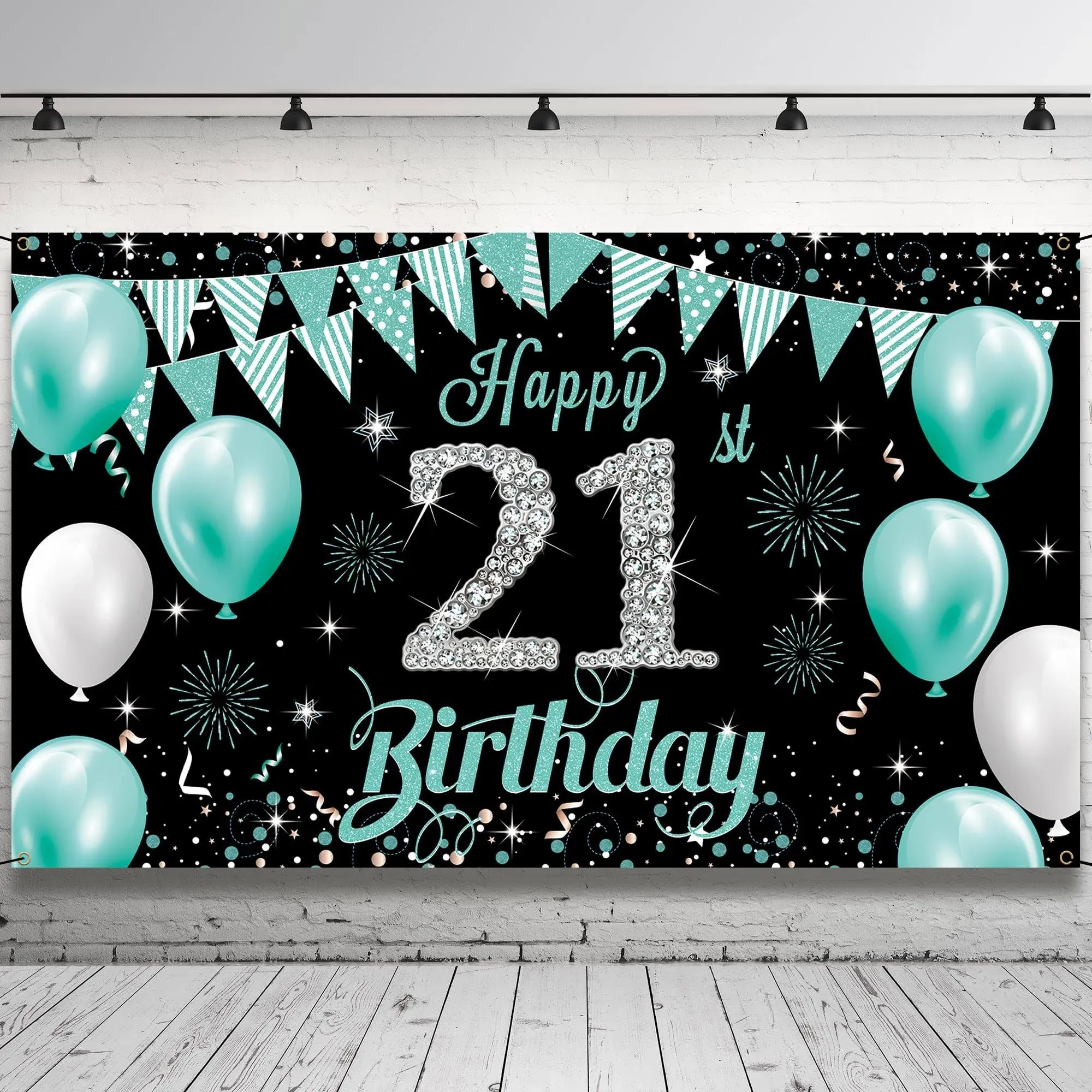 21st Birthday Decorations Backdrop Banner Teal Silver Happy 21st Birthday Dec...