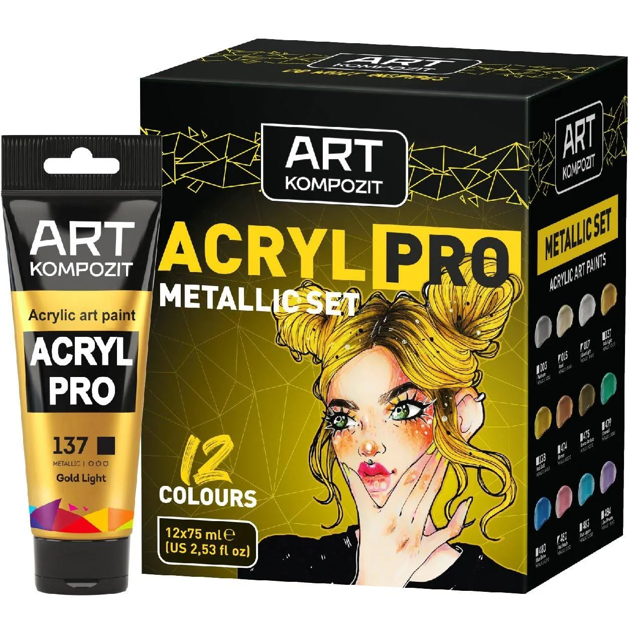 METALLIC Professional Soft Body Acrylic Paint Set 12 x 75 ml (2.54 fl oz) For Artists With Canvas, Upholstery, Wood, Glass, Plastic, Fabric | Made in Europe | Kompozit