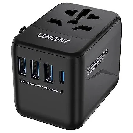 LENCENT Universal Travel Adapter, International Charger with 3 USB Ports & Type-C PD Charging Adaptor for Cellphones,Laptop, All in One Travel Plug Adapter for Over 200 Countries (USA UK EU AUS) Black