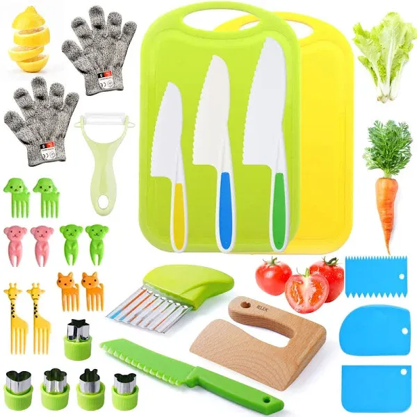 IELEK Kids Knife Set for Real Cooking Toddler Kitchen Tools Include 4 Serrated Edges Plastic Safe Knives,Crinkle Cutter Y Peeler Cutting Boards Wood