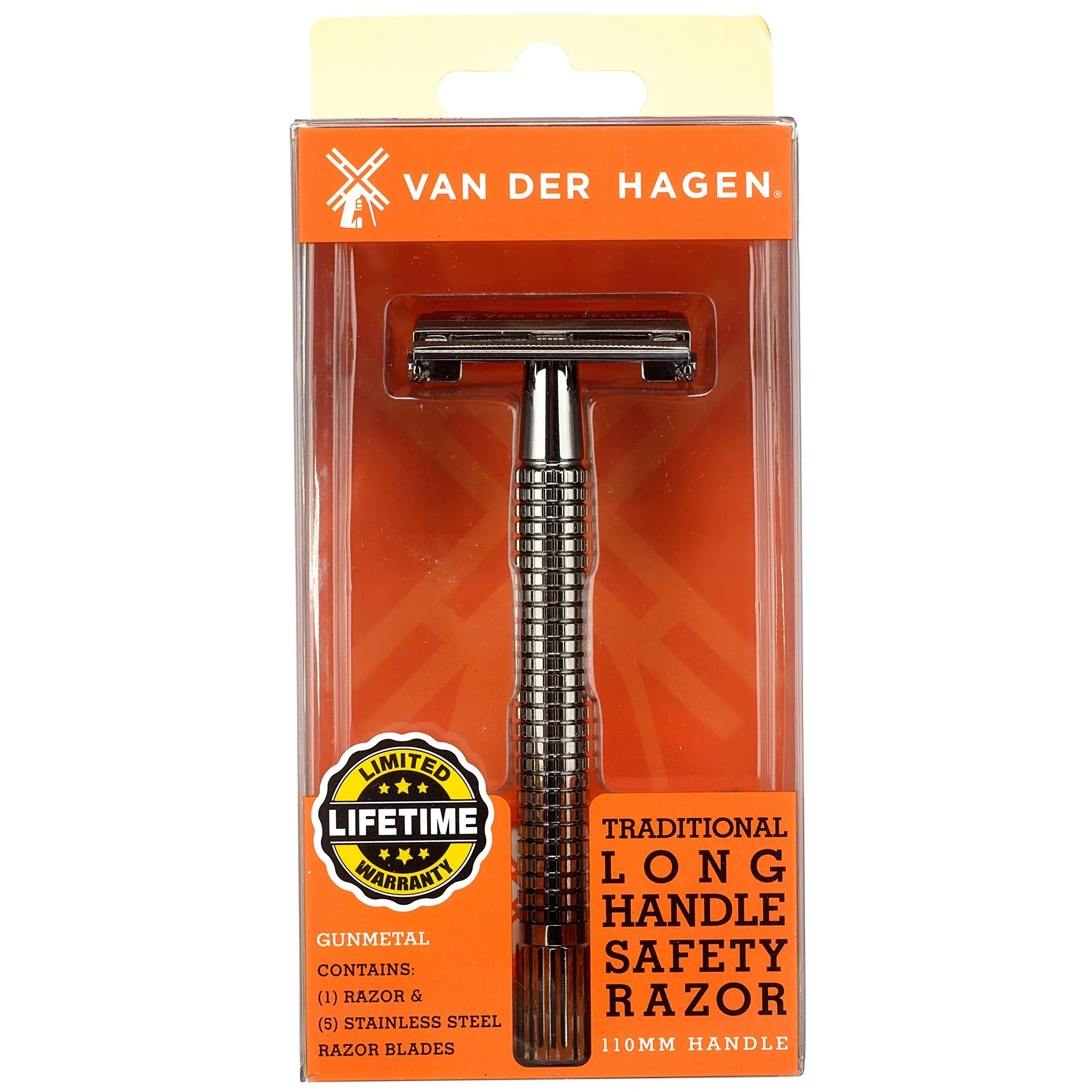 Van Der Hagen Razor, Traditional Long Handle Safety, Gunmetal, 110MM Handle