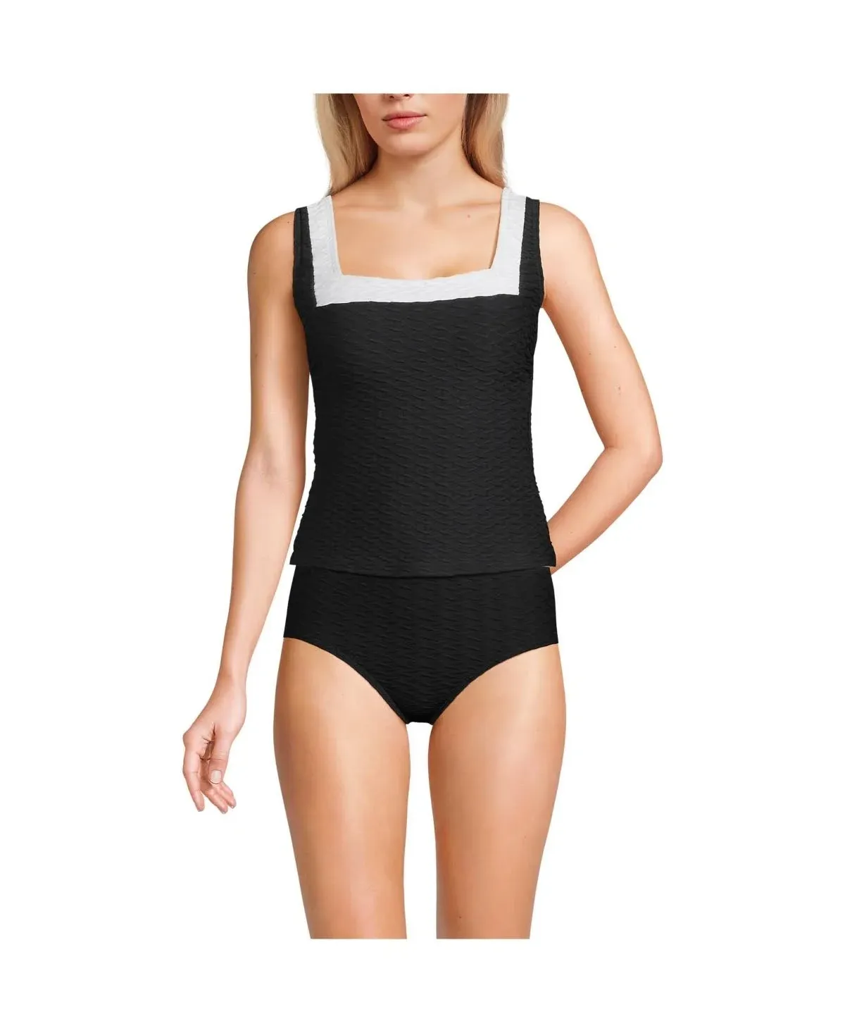 Lands' End Women's Long Texture Square Neck Tankini Swimsuit Top - Black/White