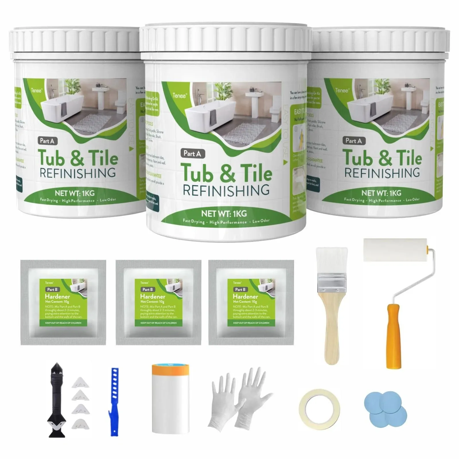 Tenee Tub and Tile Refinishing Kit, Bathtub Refinishing Kit White 105 oz with Tools, Tub and Tile Reglazing, Water Based & Odorless Tub Coating, DIY