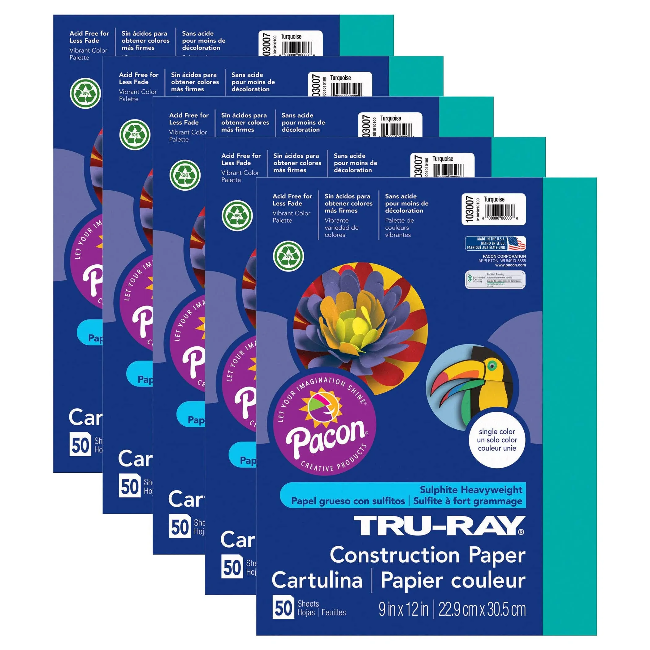 Tru-Ray - Construction Paper, Turquoise, 9" x 12", 50 Sheets per Pack, 5 Packs