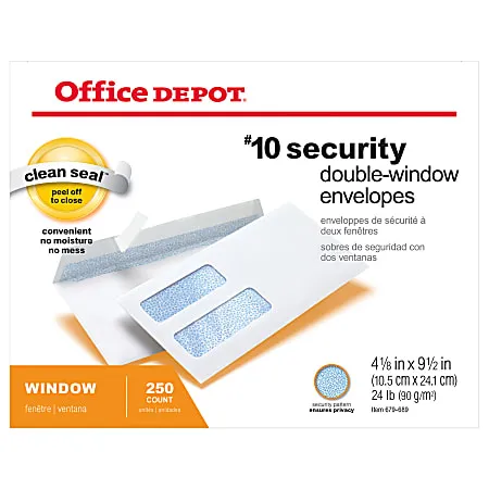 Office Depot® Brand #10 Security Envelopes, Double Window, 4-1/8" x 9-1/2", Clean Seal, White, Box Of 250