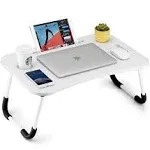 Foldable Laptop Table, Portable Lap Desk Bed Table Tray, Laptop Stand with Cup Holder & Tablet Slot & Lifting Handle for Working Writing Drawing & Eating (Wood)