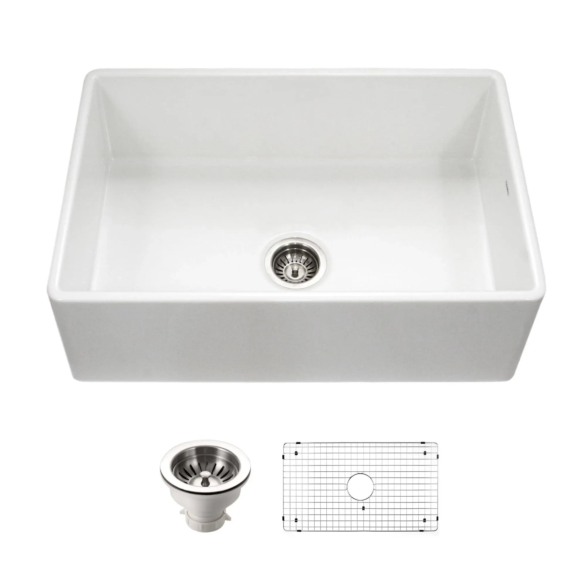 Houzer Platus Series 33" Fireclay Apron-Front Farmhouse Kitchen Sink includes Basket Strainer & Bottom grdi