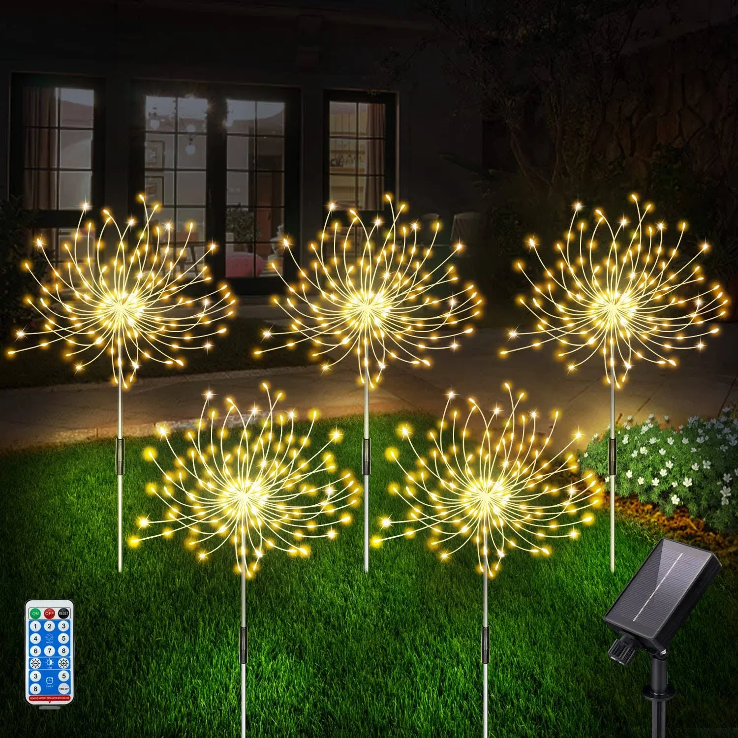 Solar Garden Lights, Firework Lights Outdoor 5 Pack 120 LED Solar Warm White