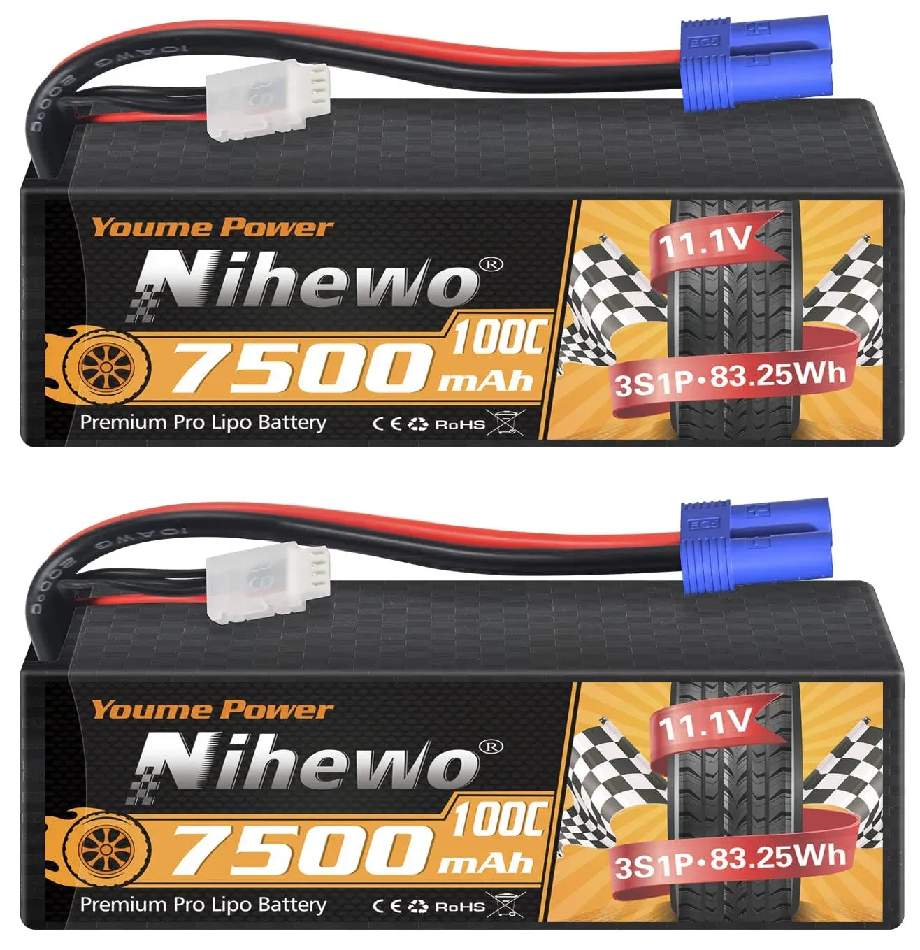 Nihewo 3S Lipo Battery 2Packs RC Battery 111V 7500mAh 100C 3S Lipo Hard Case EC5 Connector Compatible with Arrma Axial Losi 1