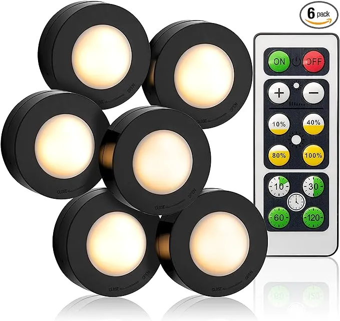 Under Cabinet Lighting (Black) Set of 6 - Wireless Remote Controlled Dimmable Auto-Off LED - 3000K Warm White Battery Operated Lights - Low Profile Puck - Low Power Consumption