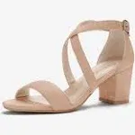 Women Open Toe Cross Strap Mid Block Heel Sandals - Beige - 8