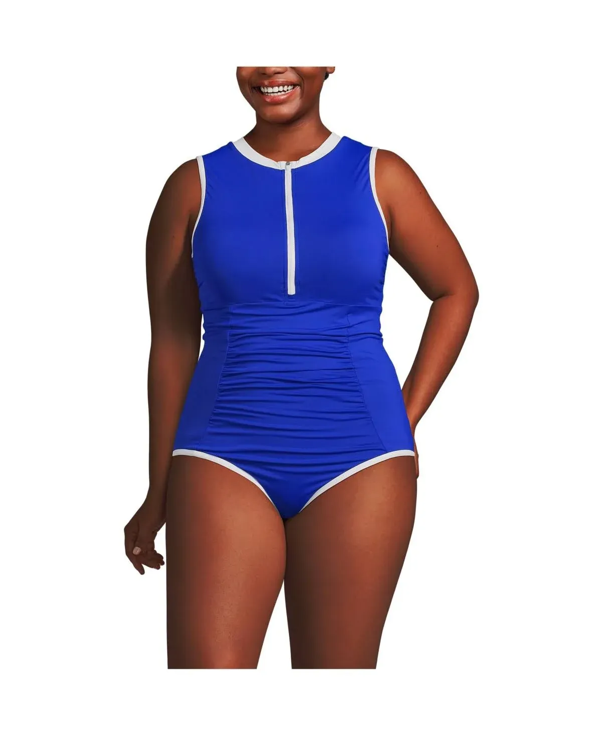 Lands' End Women's Plus Size Chlorine Resistant High Neck Zip Front One Piece Swimsuit - 26W - Electric Blue/White