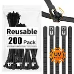 200 Pack Reusable Zip Ties Assorted Sizes 6+8+10+12 Inch UV 