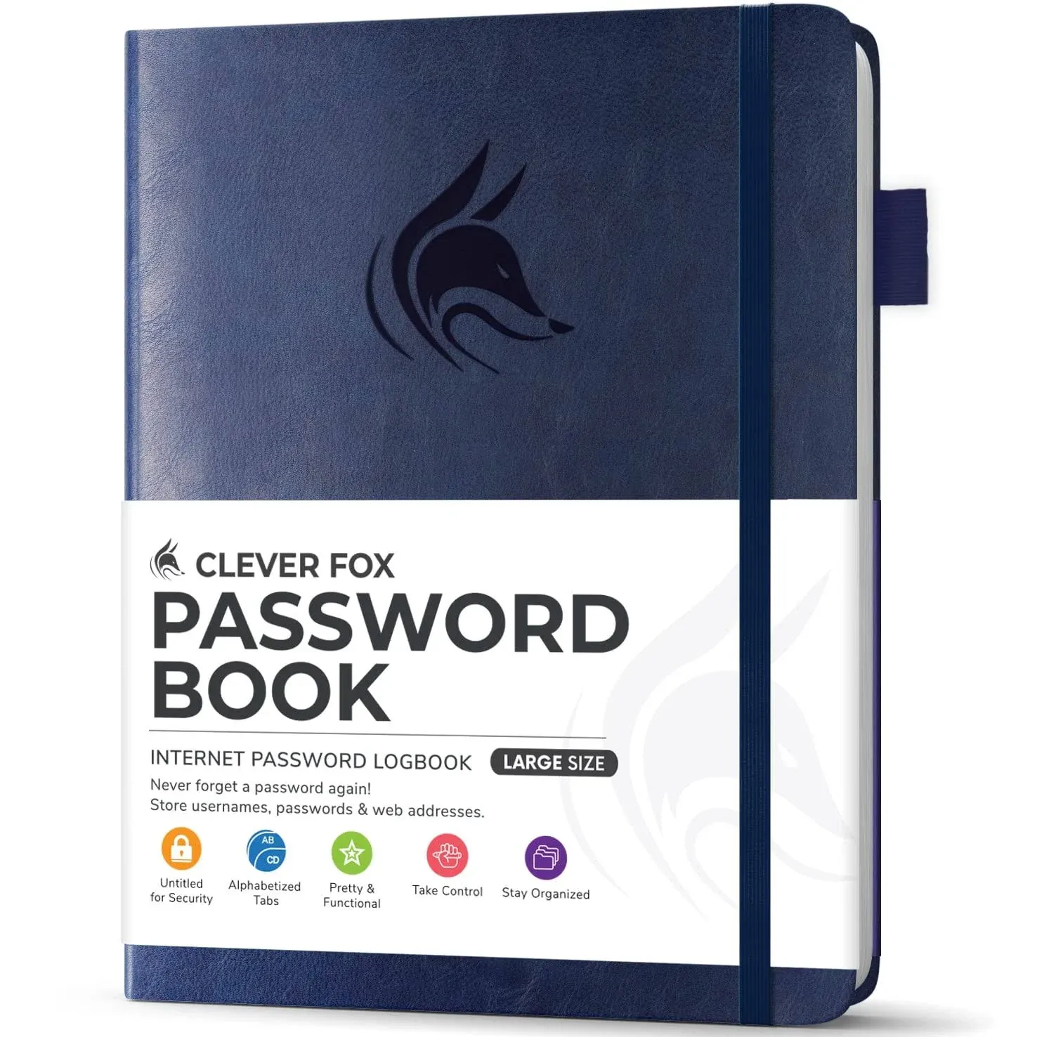 Clever Fox Password Book with Alphabetical Tabs. Internet Address Organizer Logbook. Large Password Keeper for Website Logins (Dark Blue)