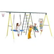 Outsunny Metal Swing Set for Backyard 5 in 1 Design for Ages 3-8