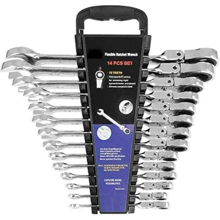  Flex Head Ratcheting Wrench Set, SAE 1/4&#034;-7/8&#034;,14-P<wbr/>iece Chrome Vanadium Steel 