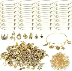 UPINS 30Pcs gold Expandable Blank Bracelets Adjustable Wire Bangles with 100Pcs Tibetan Silver Charms, 200Pcs Open Jump Rings for Jewelry Making